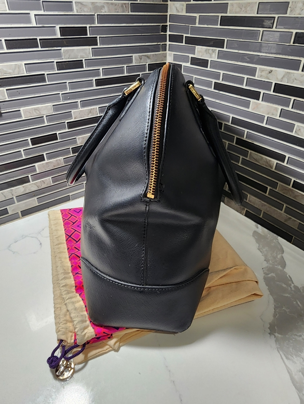 Tory Burch Black Leather Dome Satchel with Gold Hardware - Picture 3 of 13